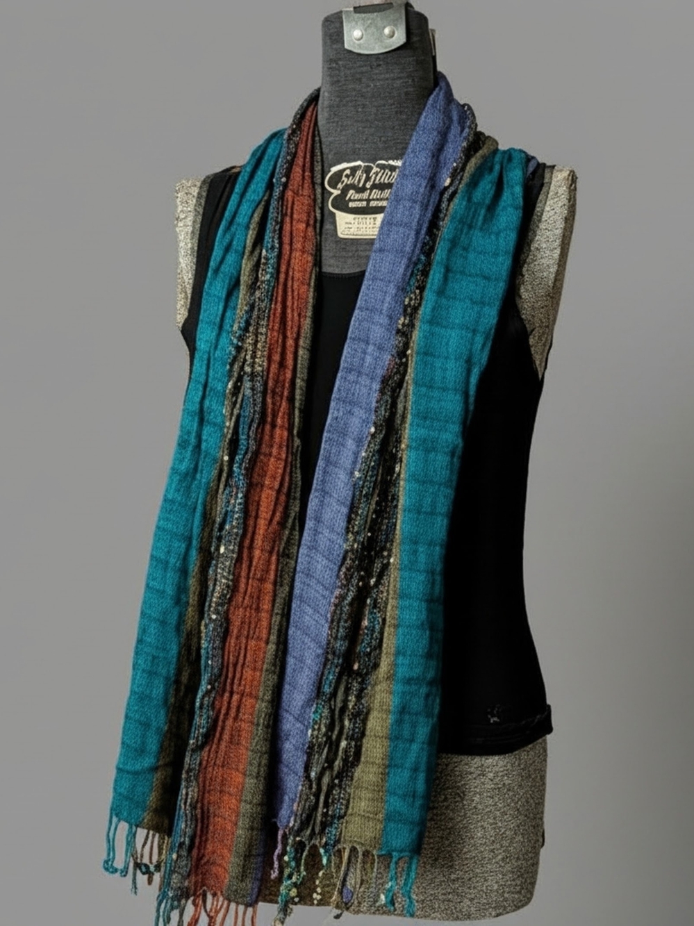 Vintage Y2K Boho Multi-Texture Artisan Wrap Scarf – Jewel Tones Sequin EVC 72x19